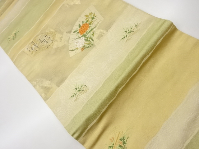 リサイクル　横段に地紙・詩・牡丹・荒波模様織出し名古屋帯